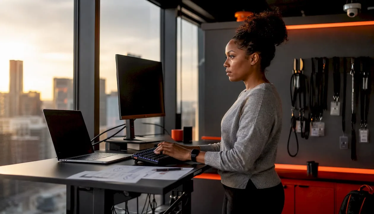 Hands typing on keyboard in secure server room
